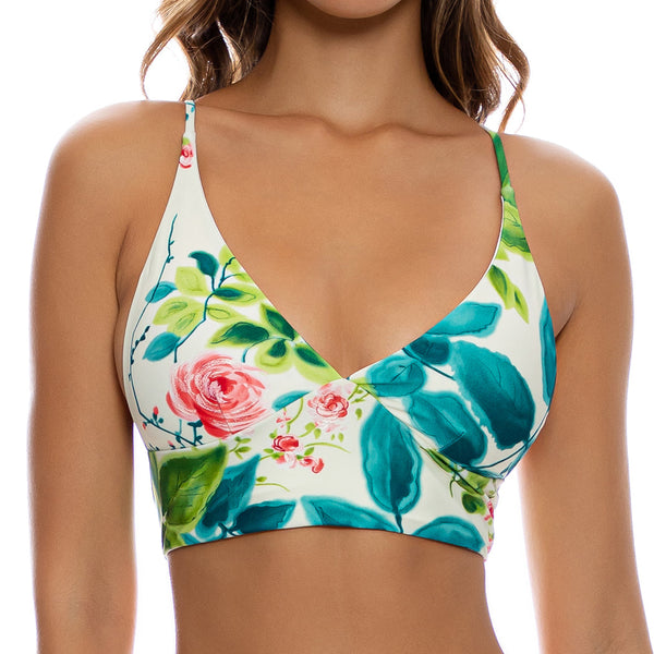 Lotus Low Support Ruched Bra Floral Green, XS-XL