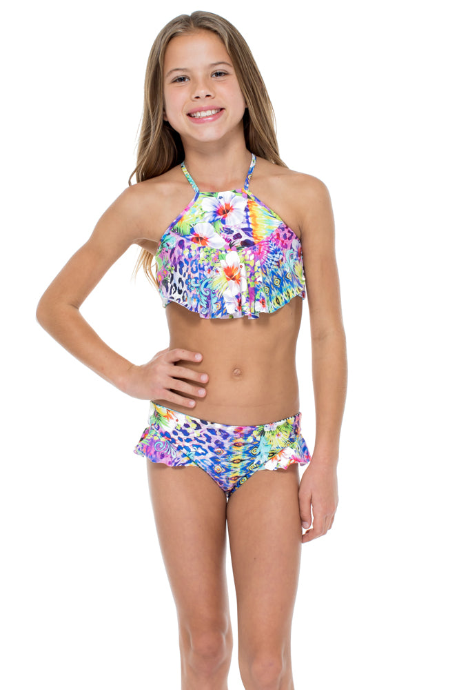 GUAJIRA SUPERSTAR - T Back Ruffle High Neck Top Bikini • Multicolor